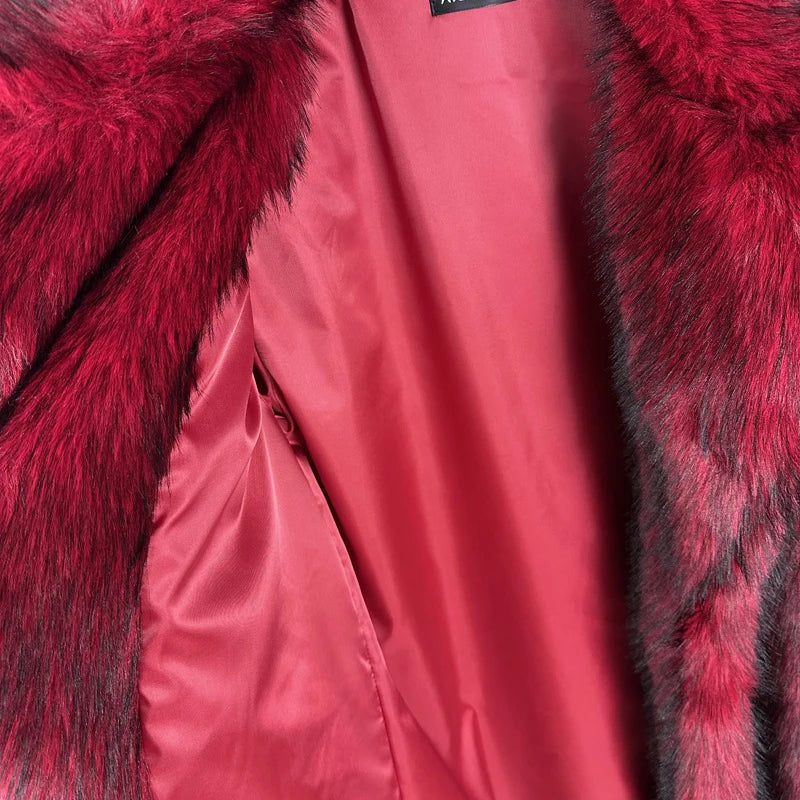 DEAT 2025 winter new fashion high quality Fox Faux Fur long Coat for Women Suit Collar solid color thick warm jacket 11A06914
