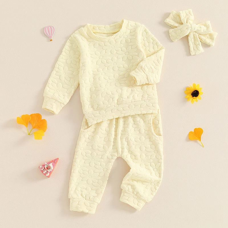 2024-05-22 Lioraitiin Toddler Girl Fall Outfit Daisy Embroidery Long Sleeve Sweatshirt with Elastic Waist Pants Headband Set