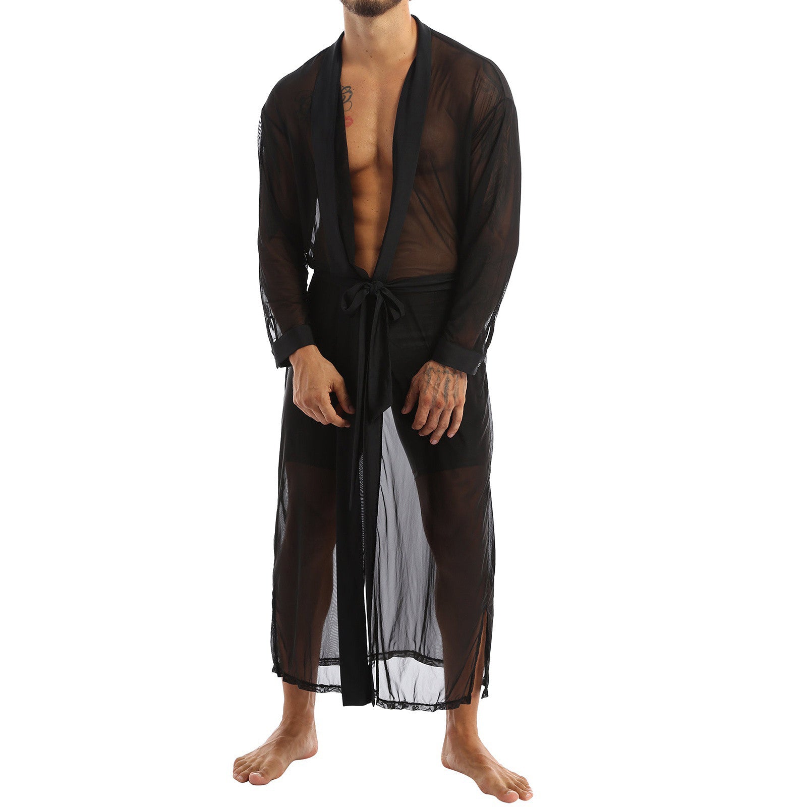 Men Transparent Mesh Robes Sexy Lingerie Front Cardigan Mesh See-through Long Bathrobe Male Gay Long Sleeve Nightgown Underwear