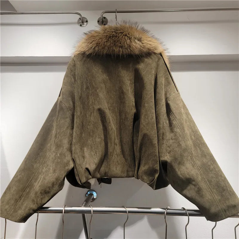 DEAT Women's Suede Coat Detachable Fur Collar Thick Plush Warm Female Short Style Jackets 2026 Winter New Fashion 29A3803