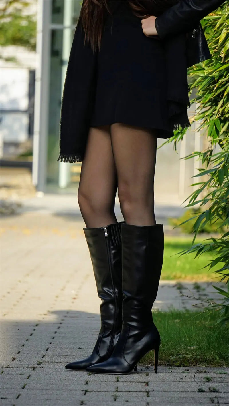 Onlymaker Pointed Toe Knee High Boots Stiletto High Heels Soft PU Leather Flock Concise Side Zipper Big Size Fashion Boots