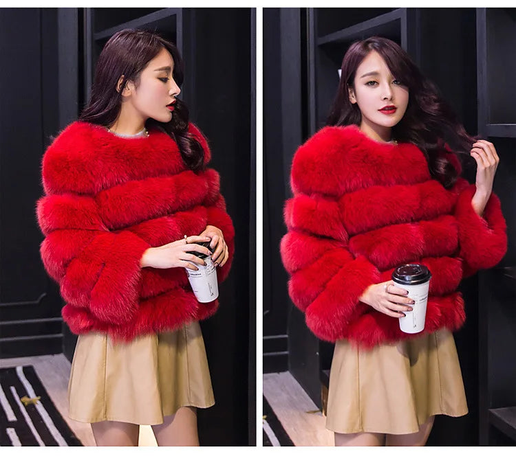 Women Faux Fox Fur Coats Zipper Short Coat Jackets Elegant Thick Warm Solid Jacket Lady Furry Outerwear Elegant Splice Winter