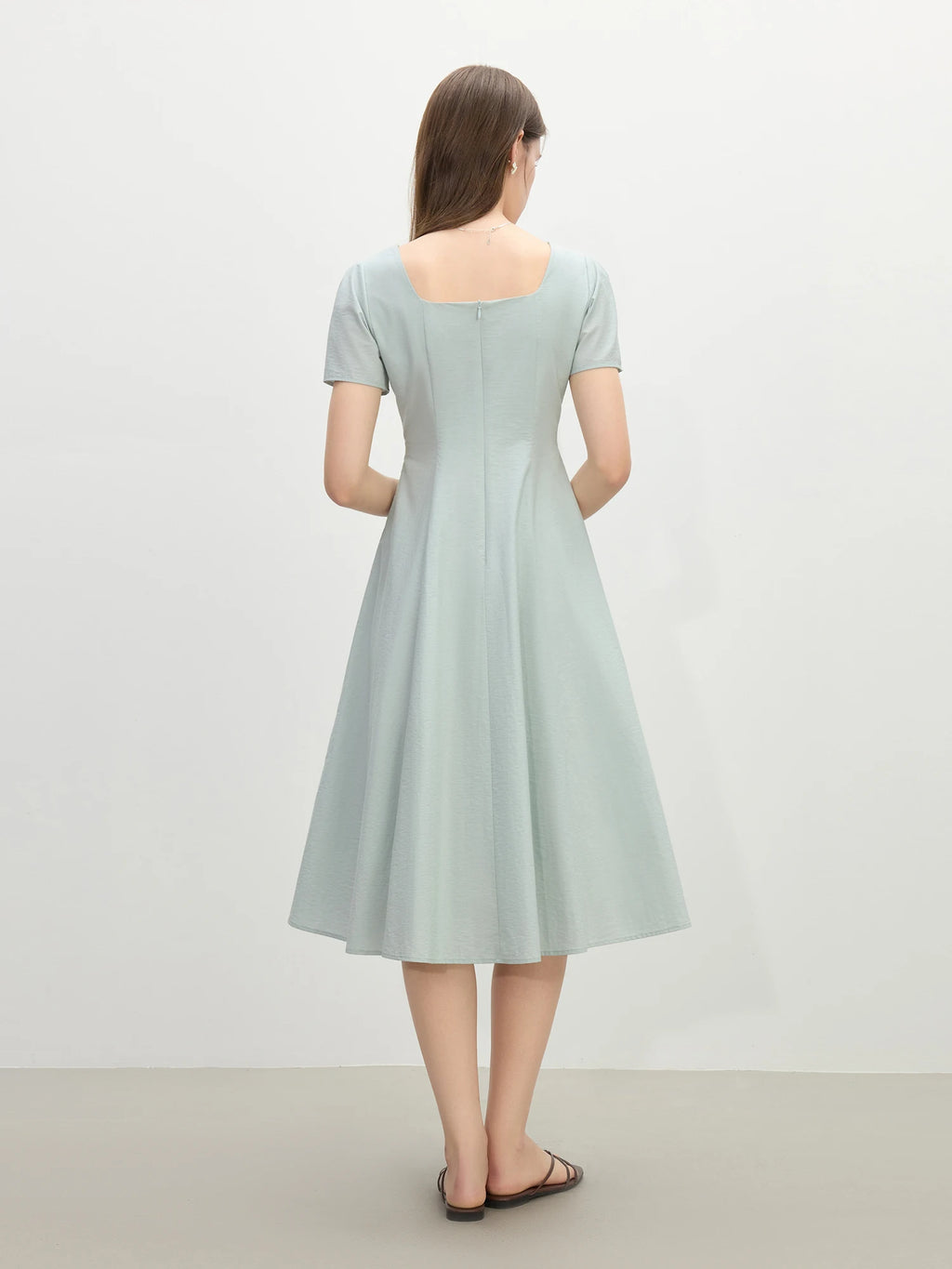 FSLE Gentle Temperament High Waist Short Sleeve Square Collar A-line Dress Female Summer 2025 New Arrival Long Dress 25FS12104