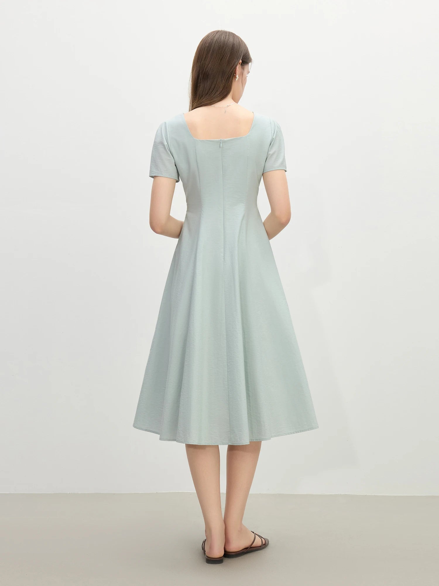 FSLE Gentle Temperament High Waist Short Sleeve Square Collar A-line Dress Female Summer 2025 New Arrival Long Dress 25FS12104