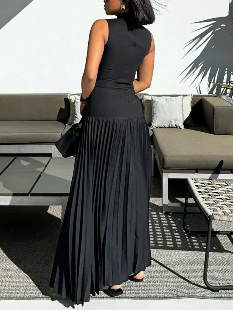 Missuoo Summer Women's Party Dress Solid Black Skinny High Neck Sleeveless Pleated Maxi Dress Female Elegant Big Swing Dresses