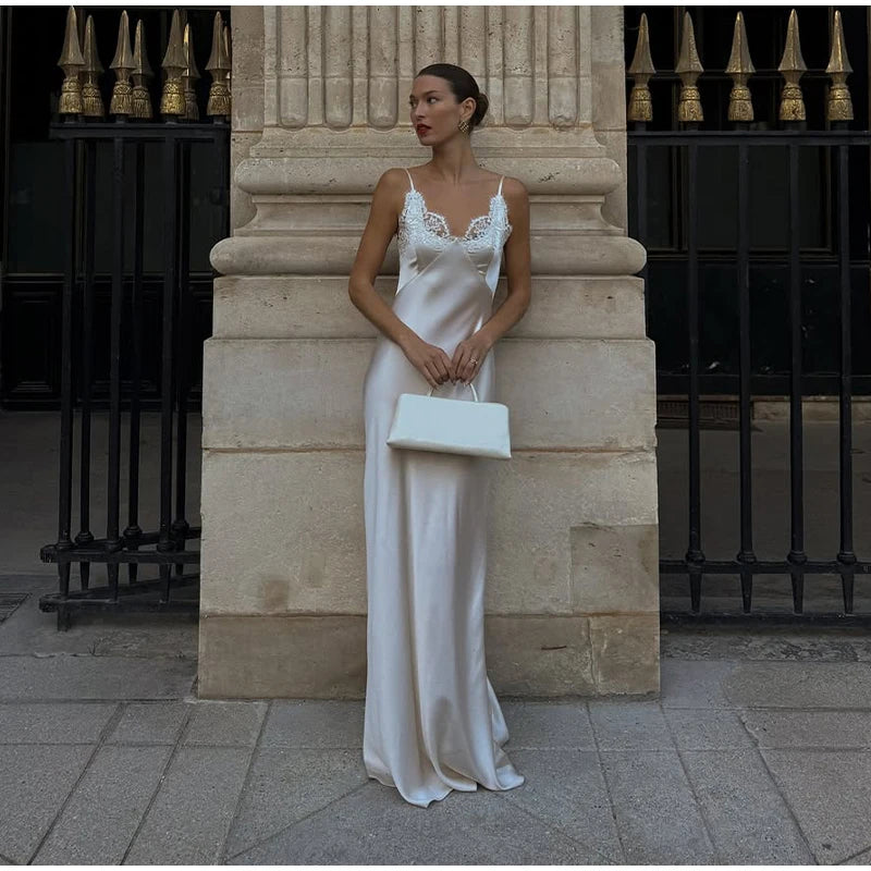 Lace Patchwork Sling Maxi Dress Women Sexy Solid V-neck Sleeveless Backless Satin Slim Dresses 2026 Lady Chic Party Evening Gown