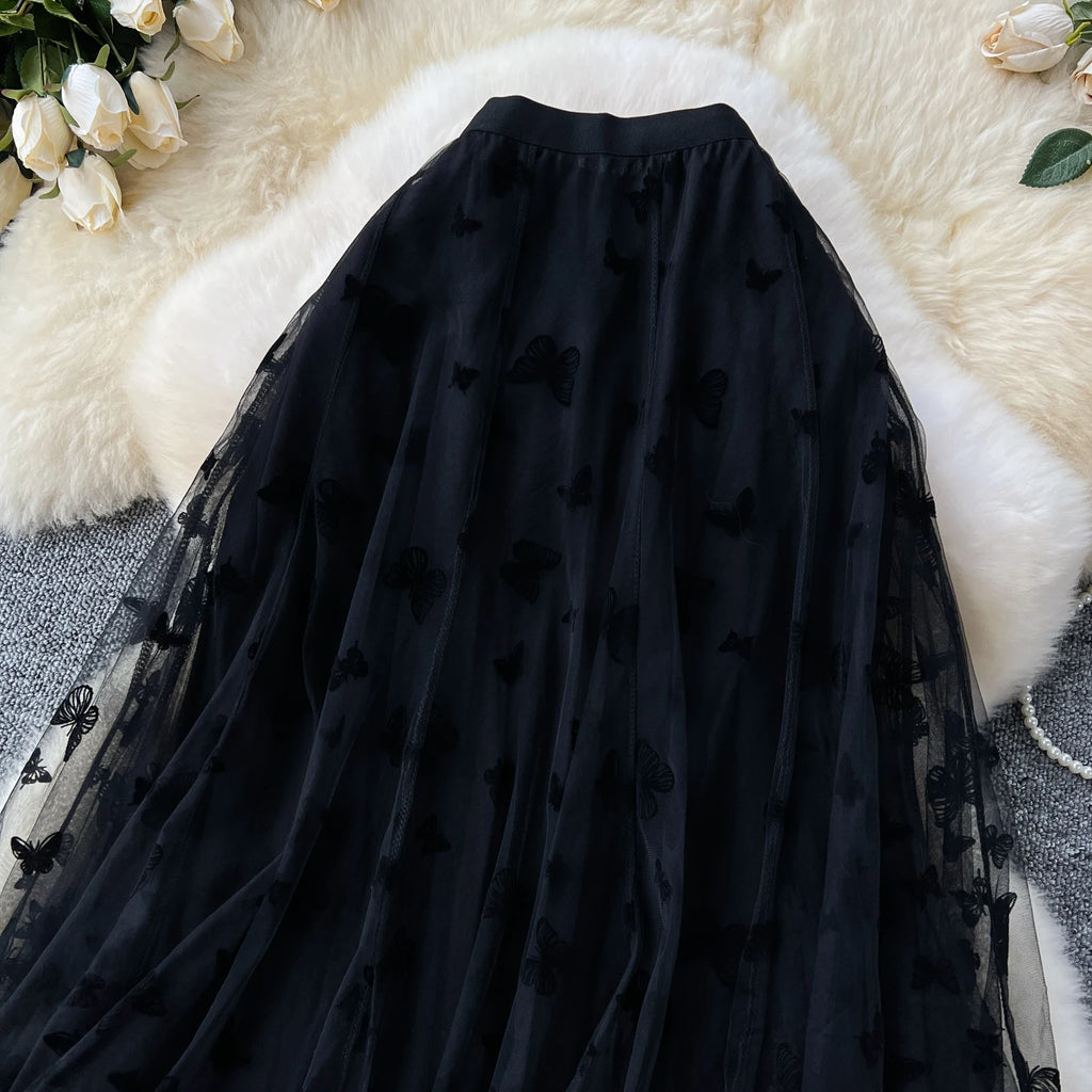 SINGREINY 2024 High Qulaity Embroidery Long Skirt Ladies Elastic Waist Butterfly Print Streetwear A Line Loose Mesh Party Skirt