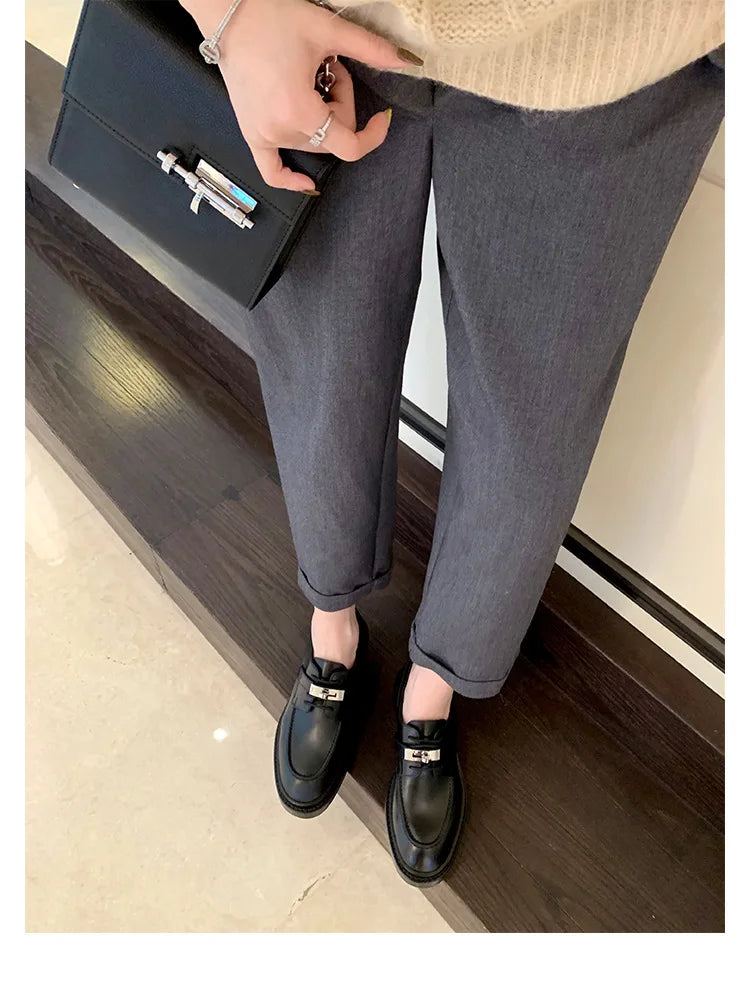 Office Career Women Pumps PU Spring New British Retro Metal Buckle Thick Bottom JK Flat Bottom Small Leather ShoesWoman Shoe
