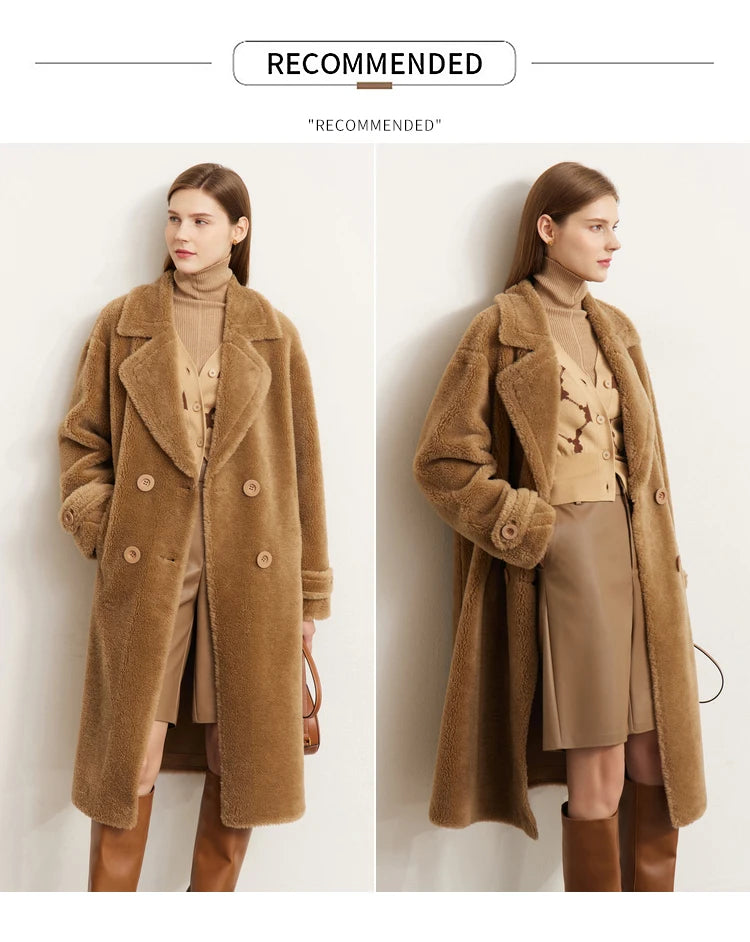 Amii Fur Coat 2025 Winter New Warm Office Lady Turn-Down Collar Full Wool Outerwears Straight Double-breasted Coat 12554013