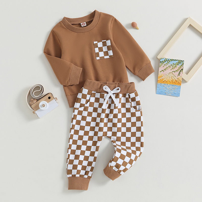 Lioraitiin 0-3Y Toddler Baby Boys Clothes Sets Long Sleeve Sweatshirt Tops and Checkerboard Print Drawstring Pants Tracksuit Set