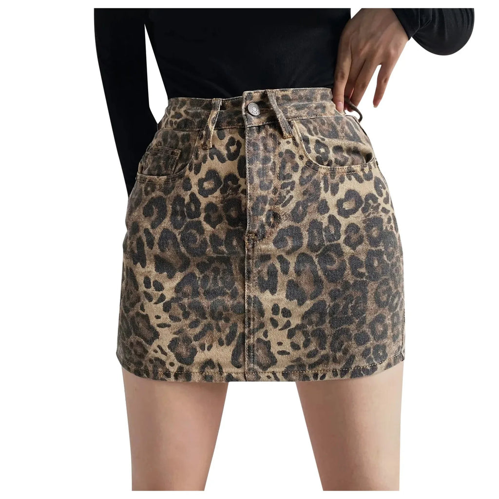 Denim Skirt Spring Fall Women Elegant Leopard Printed Pencil Skirt Sexy Y2k Office Lady High Waist Bodycon Hip Wrapped Skirt