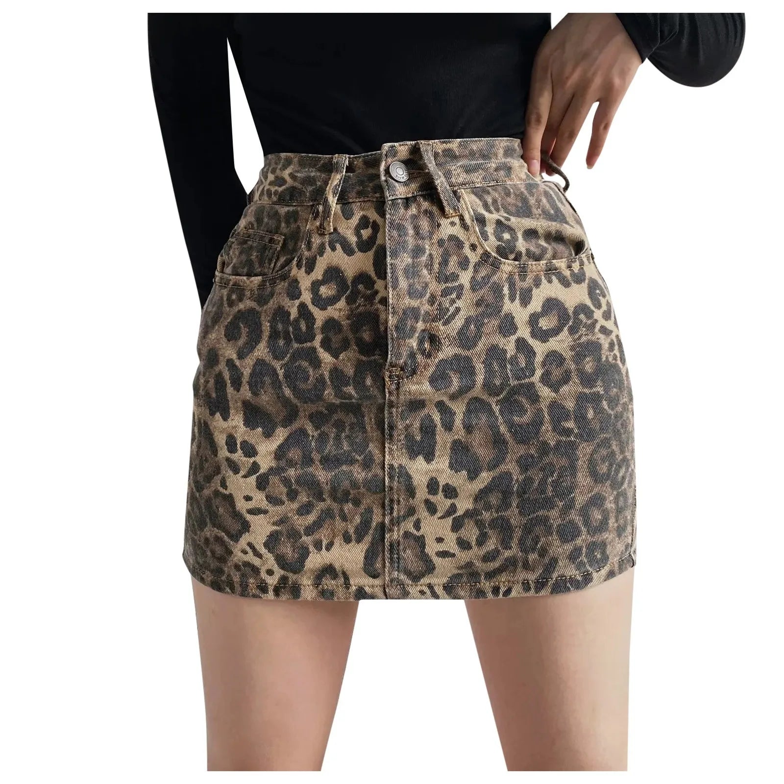Denim Skirt Spring Fall Women Elegant Leopard Printed Pencil Skirt Sexy Y2k Office Lady High Waist Bodycon Hip Wrapped Skirt