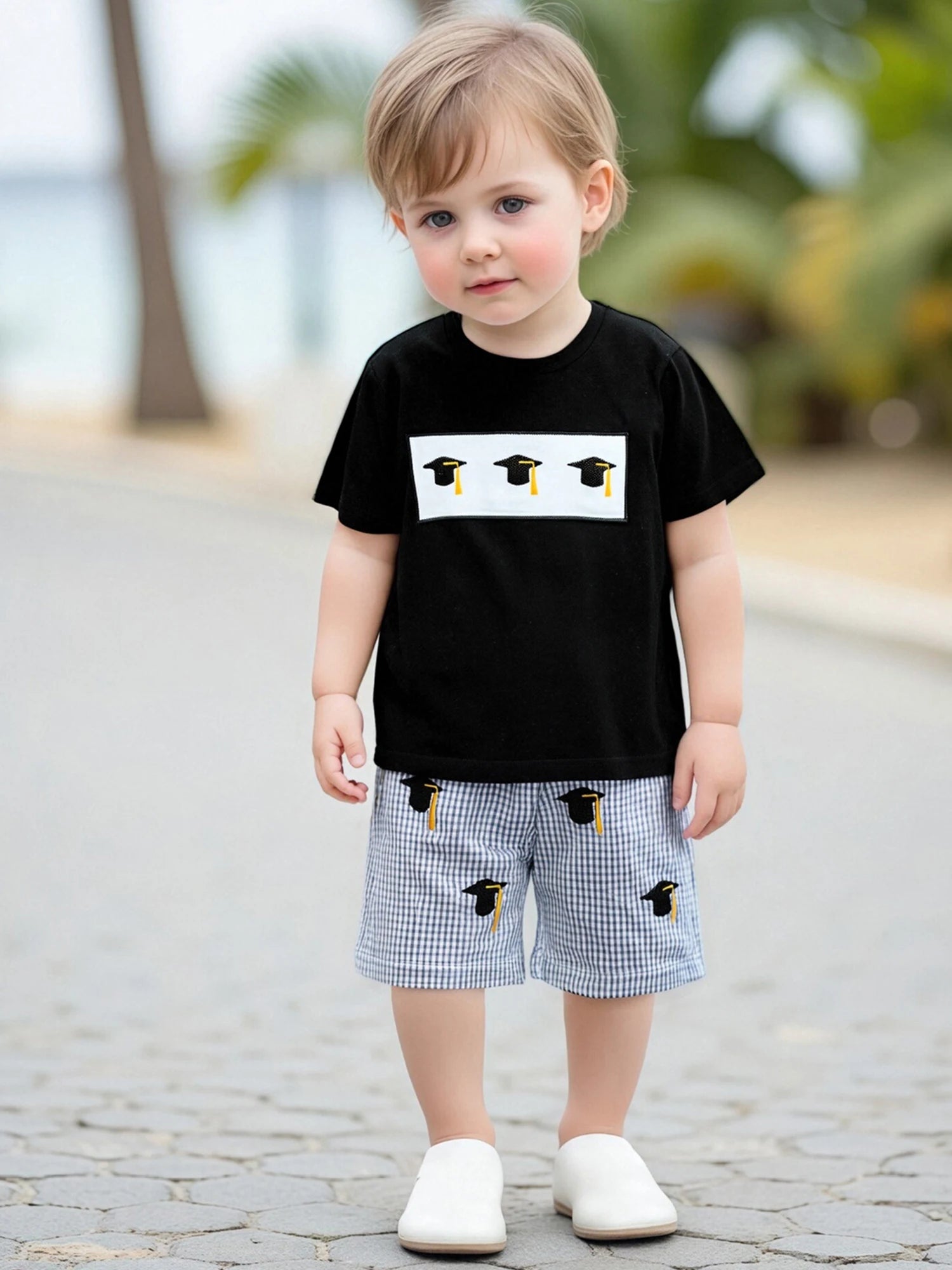 Cute 2 Piece Summer Outfits with Graduation Cap Embroidery Short Sleeve T-Shirt and Plaid Shorts Set for Baby Girl or Boy