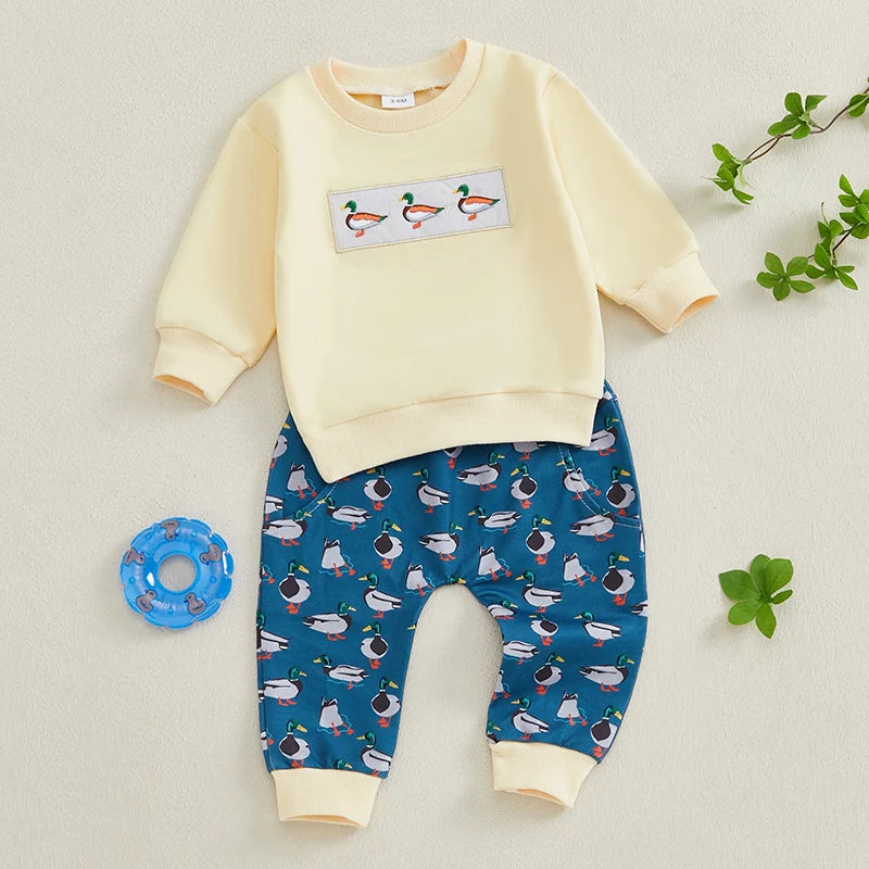 2024-09-13 Lioraitiin Toddler Baby Boy Girl Duck Clothes Long Sleeve Sweatshirt Plaid Elastic Waist Long Pants Outfit