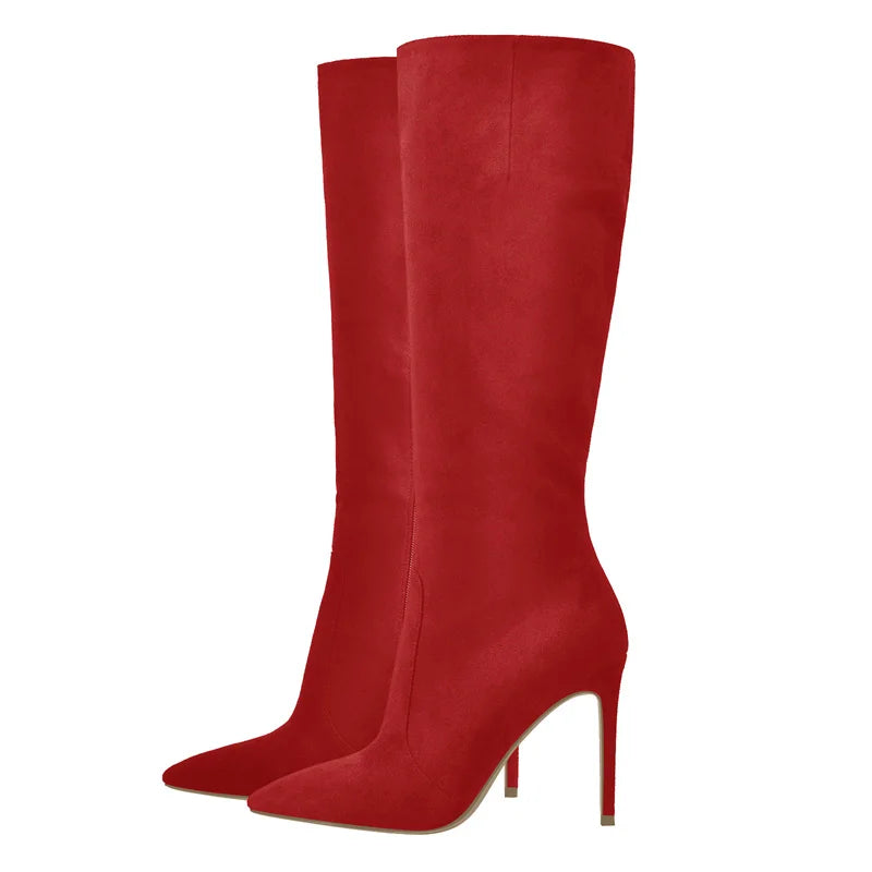 Onlymaker Pointed Toe Knee High Boots Stiletto High Heels Soft PU Leather Flock Concise Side Zipper Big Size Fashion Boots