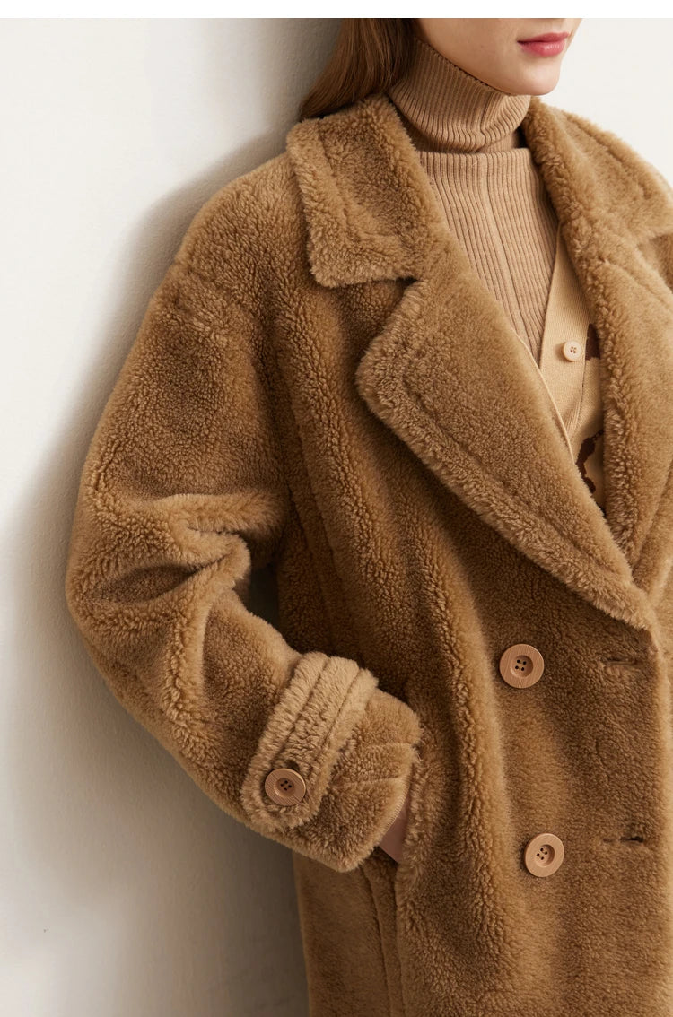 Amii Fur Coat 2025 Winter New Warm Office Lady Turn-Down Collar Full Wool Outerwears Straight Double-breasted Coat 12554013