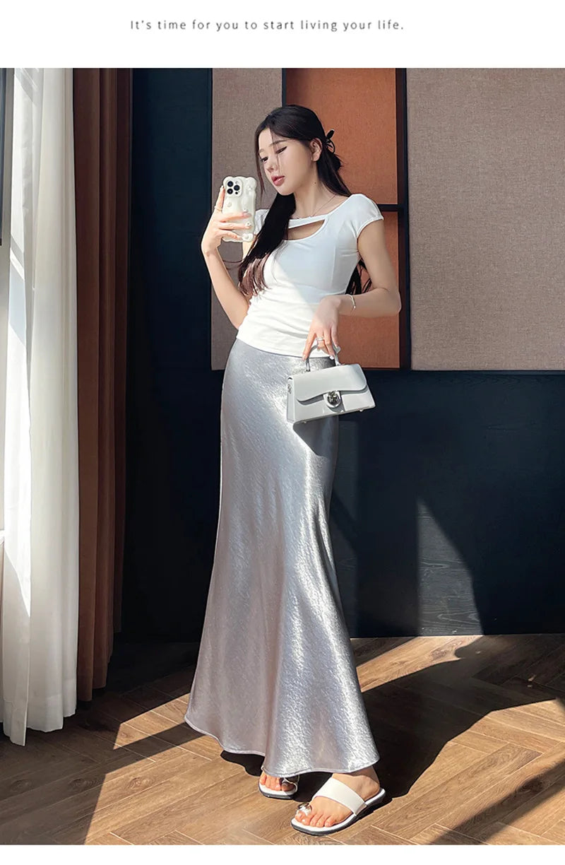 Zoki Chic Satin Elegant Long Skirt Women Casual Fashion High Waist Sweet Trumpet Skirts Slim Summer Female Korean Long Skirts