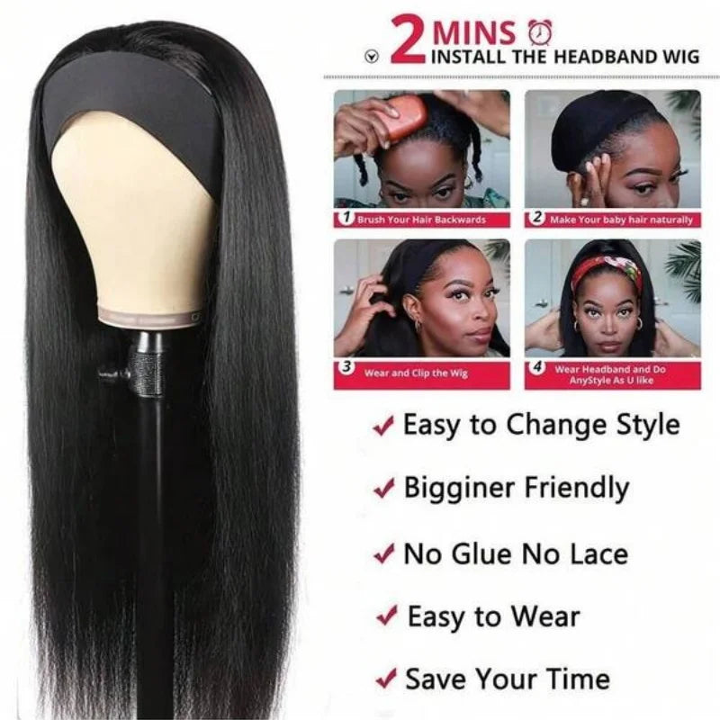 40 Inch Straight Headband Wigs Human Hair Machine Made Hair Wigs For Women 250% Density No Lace Front Wigs Brazilian Virgin Hair
