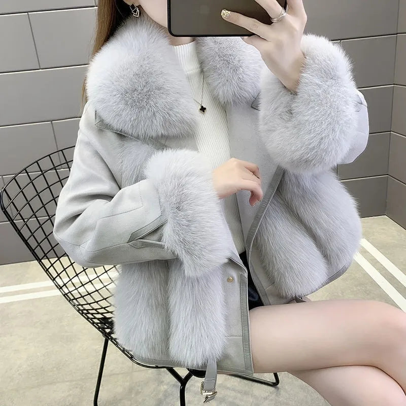 2025 Women Mid-Long Style Faux Fur Jacket Winter Female Pu Leather Splicing Fur Outwear Ladies Long Sleeve Thicken Warm Fur Coat