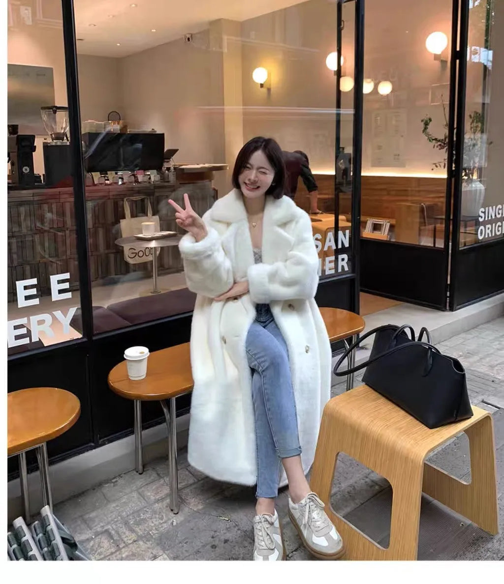 Women Winter Warm Thicken Long Fur Coat 2025 New Women Imitation Rabbit Fur Temperament Fur Coat Double-Breasted Fur Jacket