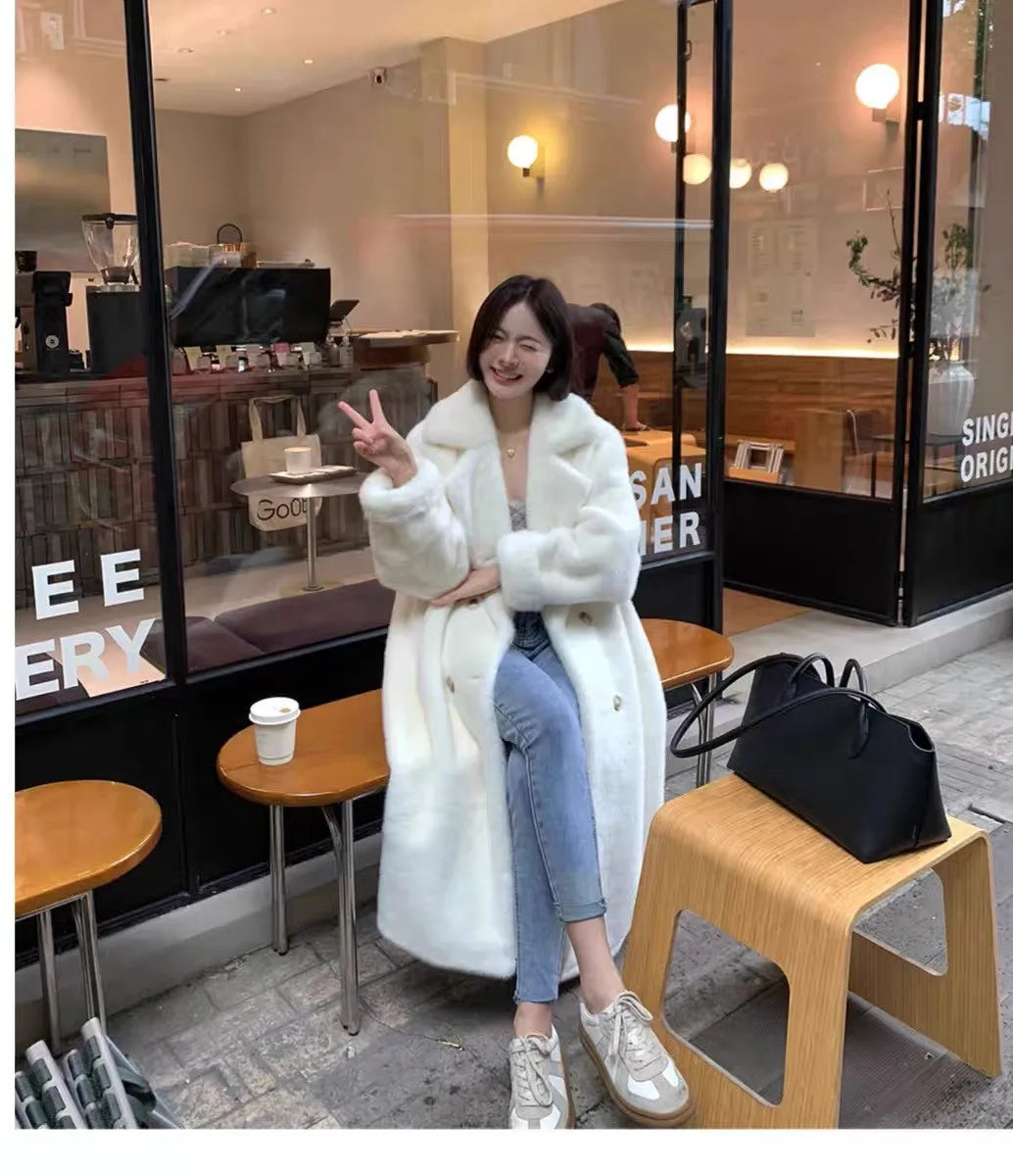 Women Winter Warm Thicken Long Fur Coat 2025 New Women Imitation Rabbit Fur Temperament Fur Coat Double-Breasted Fur Jacket