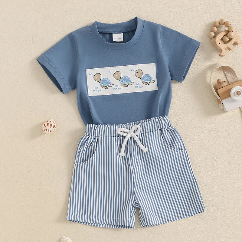 Lioraitiin Toddler Baby Boy Shorts Set Whale/Dinosaur/Turtle Short Sleeve T-shirts Striped Elastic Waist Shorts Summer Outfit