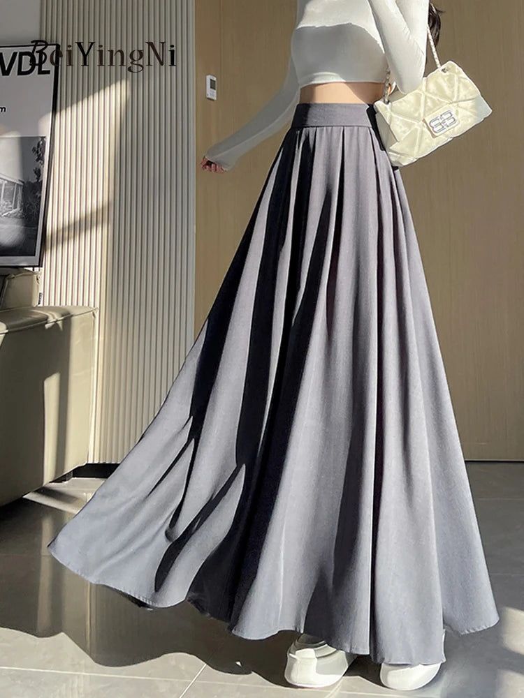 Beiyingni Women Long Suit Maxi Pleated Black Skirts Korean Fashion 2024 Autumn High Waist Slim A-line Skirt Ladies Gray Faldas