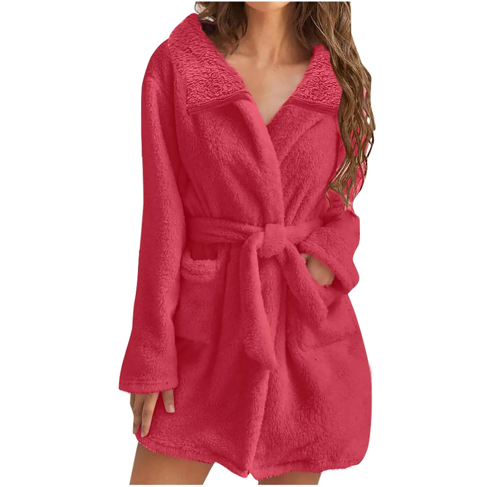 Women Warm Plush Hooded Bathrobe Wainter Plush Lapel Robe With Pockets Female Pajamas Robe Long Home Clothes Lingeries For Woman