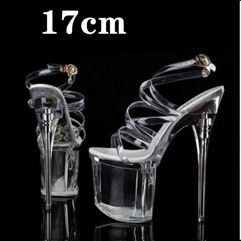 Stripper Heels Women Sandal Female Model T Station Catwalk Sexy Crystal Transparent Shoes High Heels Waterproof Head Sandals