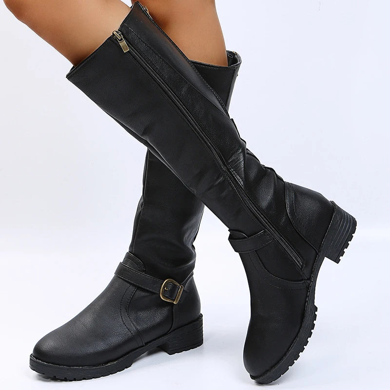 Vintage Brown Women Knee High Boots Big Size Low Heels Platform Long Boots Autumn Winter Pu Leather  Women Warm Booties