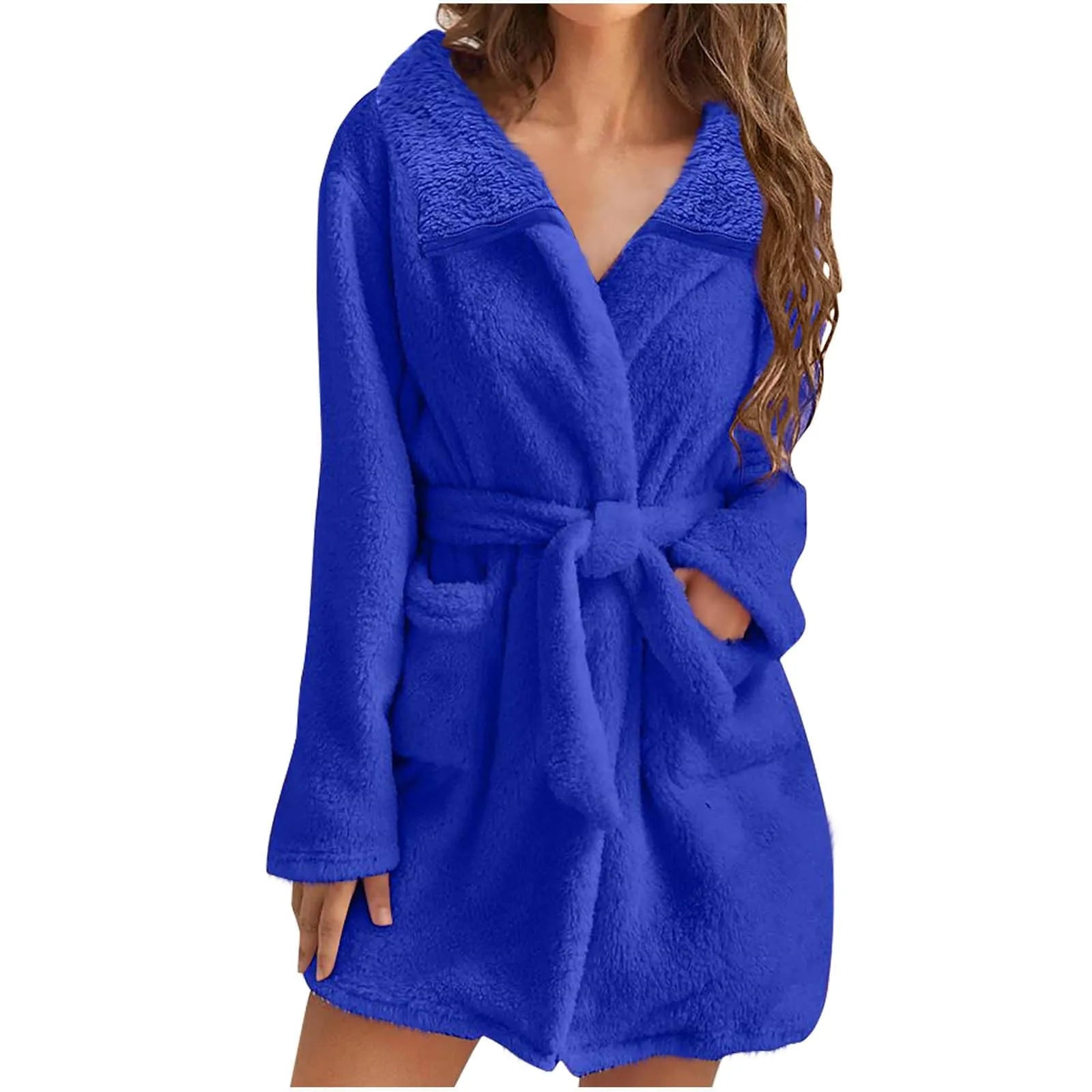 Women Warm Plush Hooded Bathrobe Wainter Plush Lapel Robe With Pockets Female Pajamas Robe Long Home Clothes Lingeries For Woman
