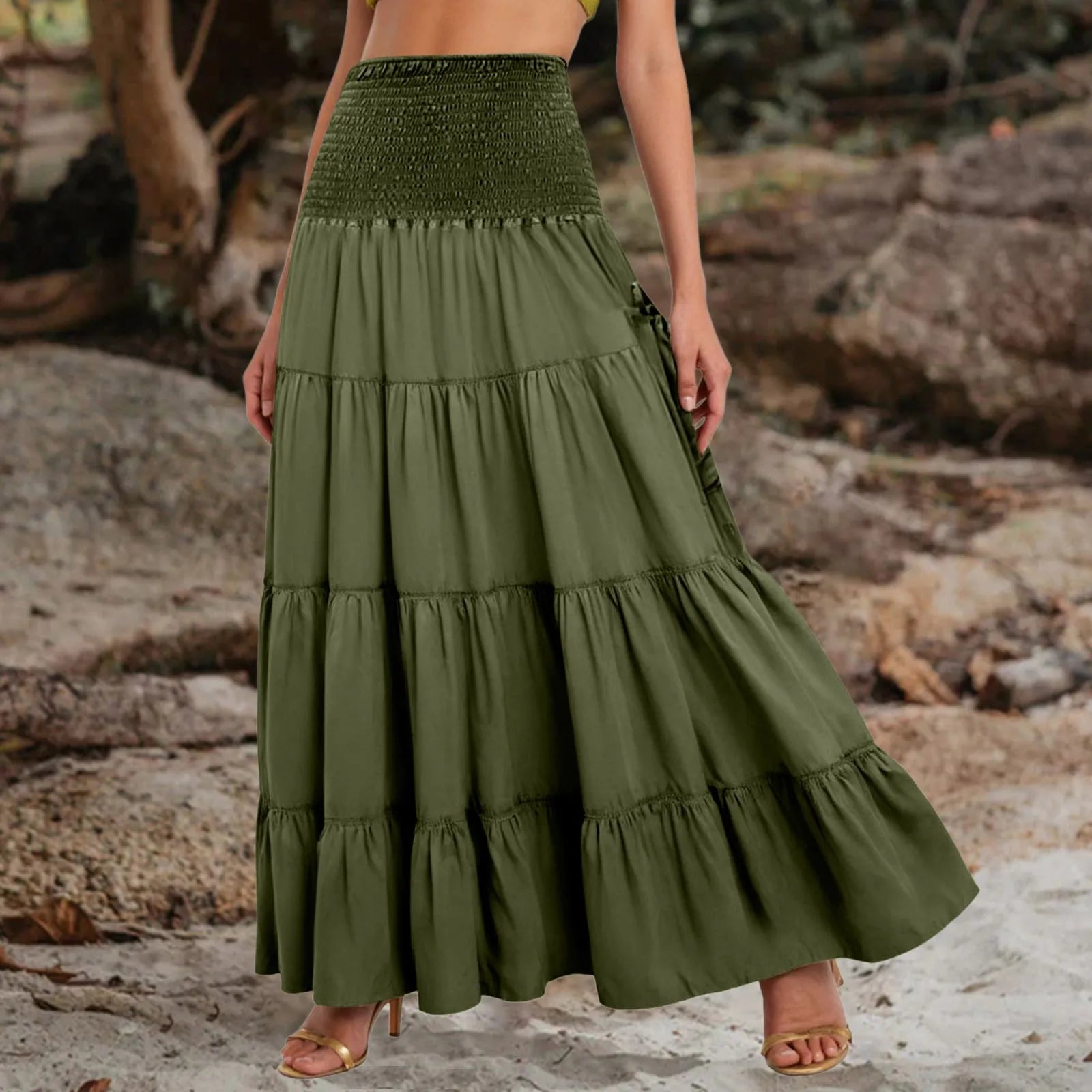 Boho Fairy Skirts Women Tiered Convertible Bustier Dress with Pockets Vintage Hippie Gypsy A-Line Maxi Skirt Versatile Sarong