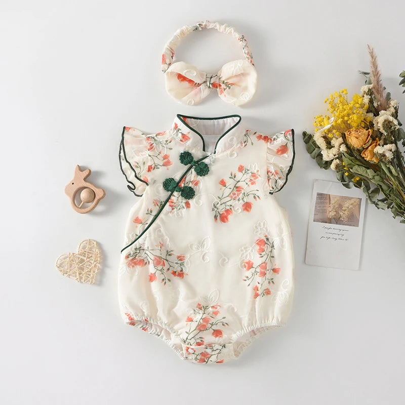 Toddler Girls Traditional Chinese Dress Set with Embroidered Floral Romper Matching Headband and Stylish Summer Outfit for a