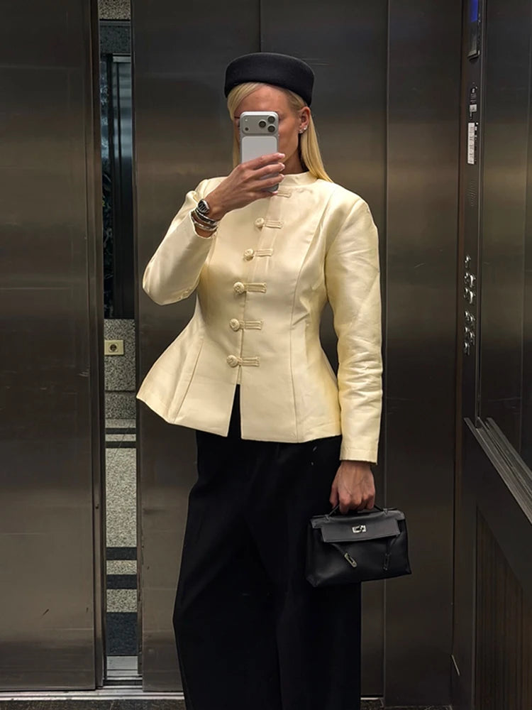 Vintage Stand Collar Velvet Frog Button Blazer Women Solid Long Sleeve Slim Cropped Jackets 2026 Spring Lady Fashion Outwear New