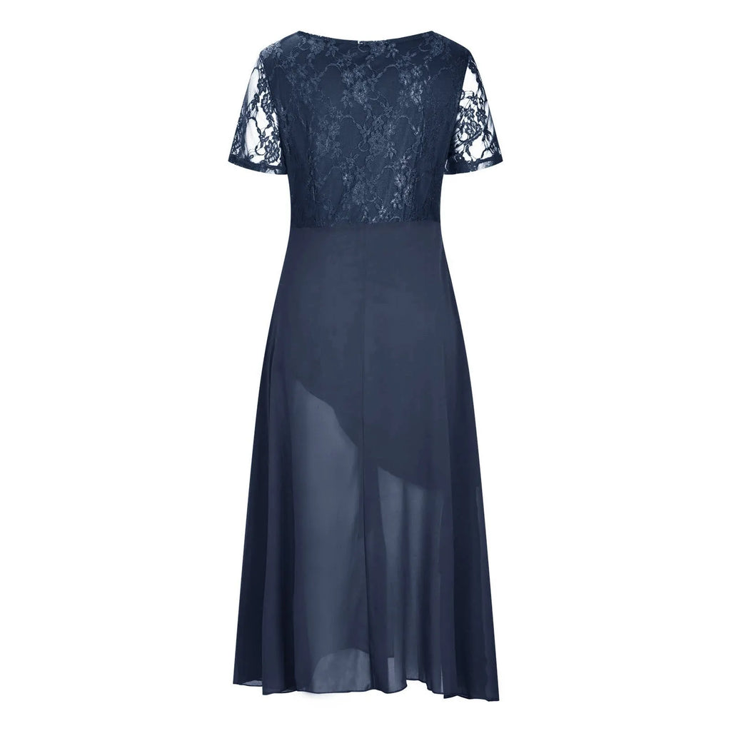Women's Chiffon Long Dresses A Line V Neck Lace Panel Hollow Prom Dresses Ladies Bridesmaid Evening Dresses Short Sleeve Dress