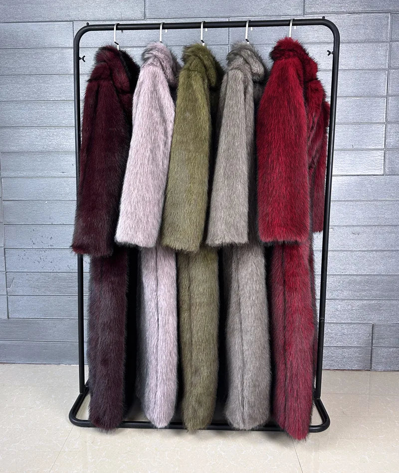 DEAT 2025 winter new fashion high quality Fox Faux Fur long Coat for Women Suit Collar solid color thick warm jacket 11A06914
