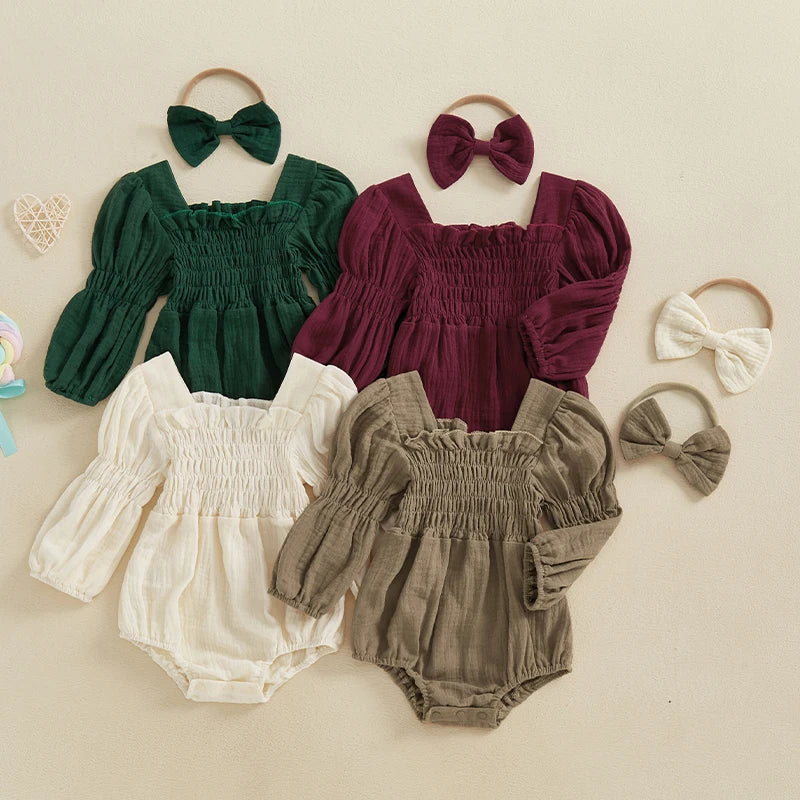 2024-10-29 Lioraitiin Baby Girls Spring Romper Long Sleeve Square Neck Solid Color Romper with Headband