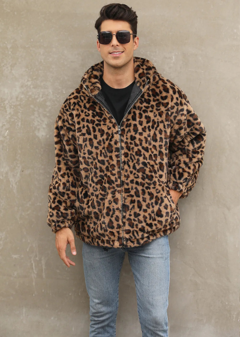 Autumn and Winter Warm Plush Leopard Print Jacket Imitation Fur Zipper Hooded Jacket for Men