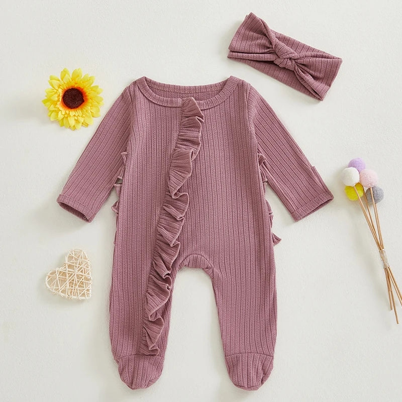 Infant Girls Fall  with Ruffled Sleeves and Matching Headband - Cozy Footed Romper for Autumn Season