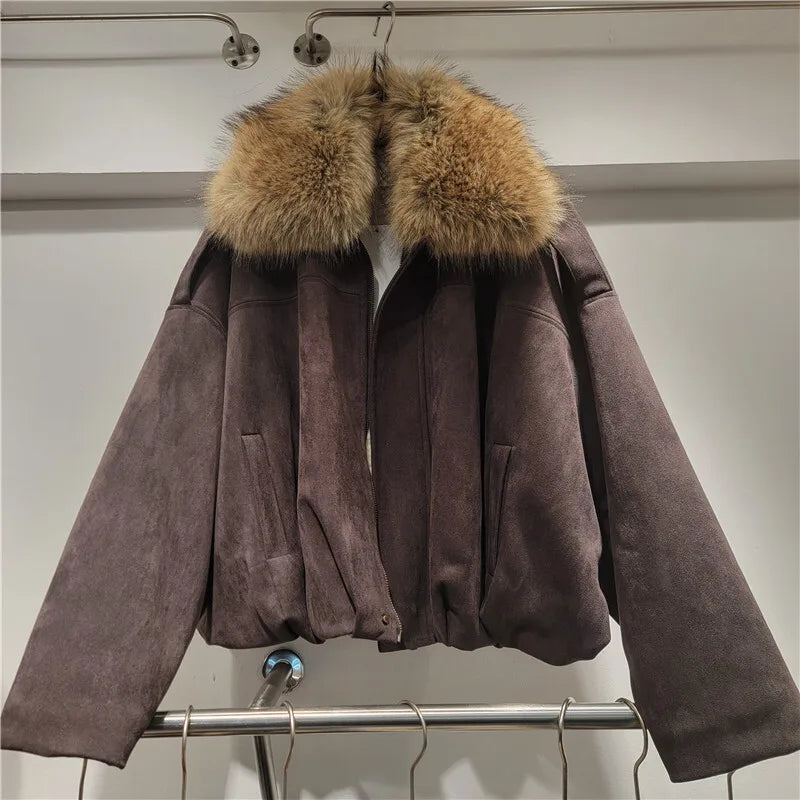 DEAT Women's Suede Coat Detachable Fur Collar Thick Plush Warm Female Short Style Jackets 2026 Winter New Fashion 29A3803