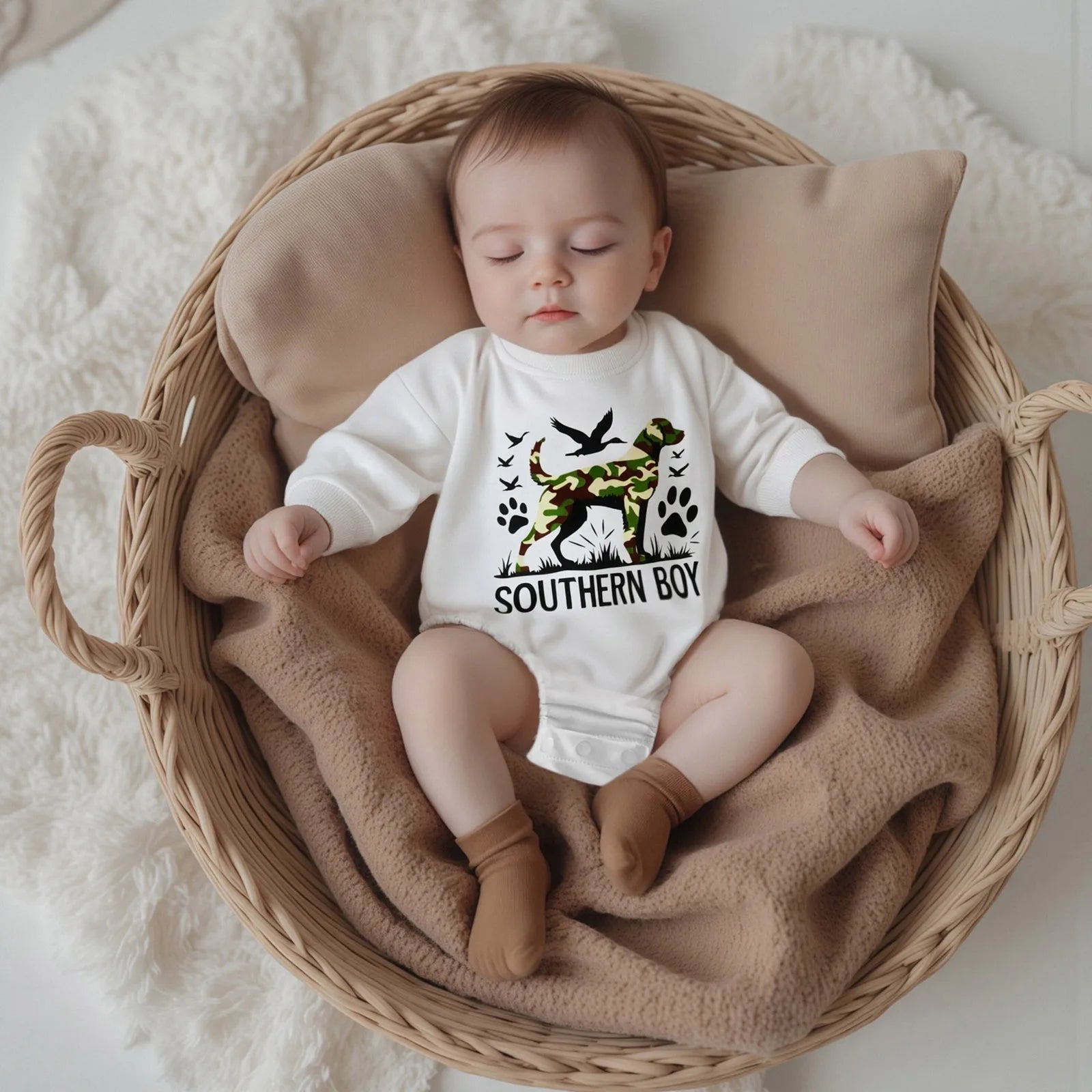 2025-05-05 Lioraitiin Newborn Baby Boy Romper Long Sleeve Round Neck Camo Dog Print Bodysuit Fall Playsuit