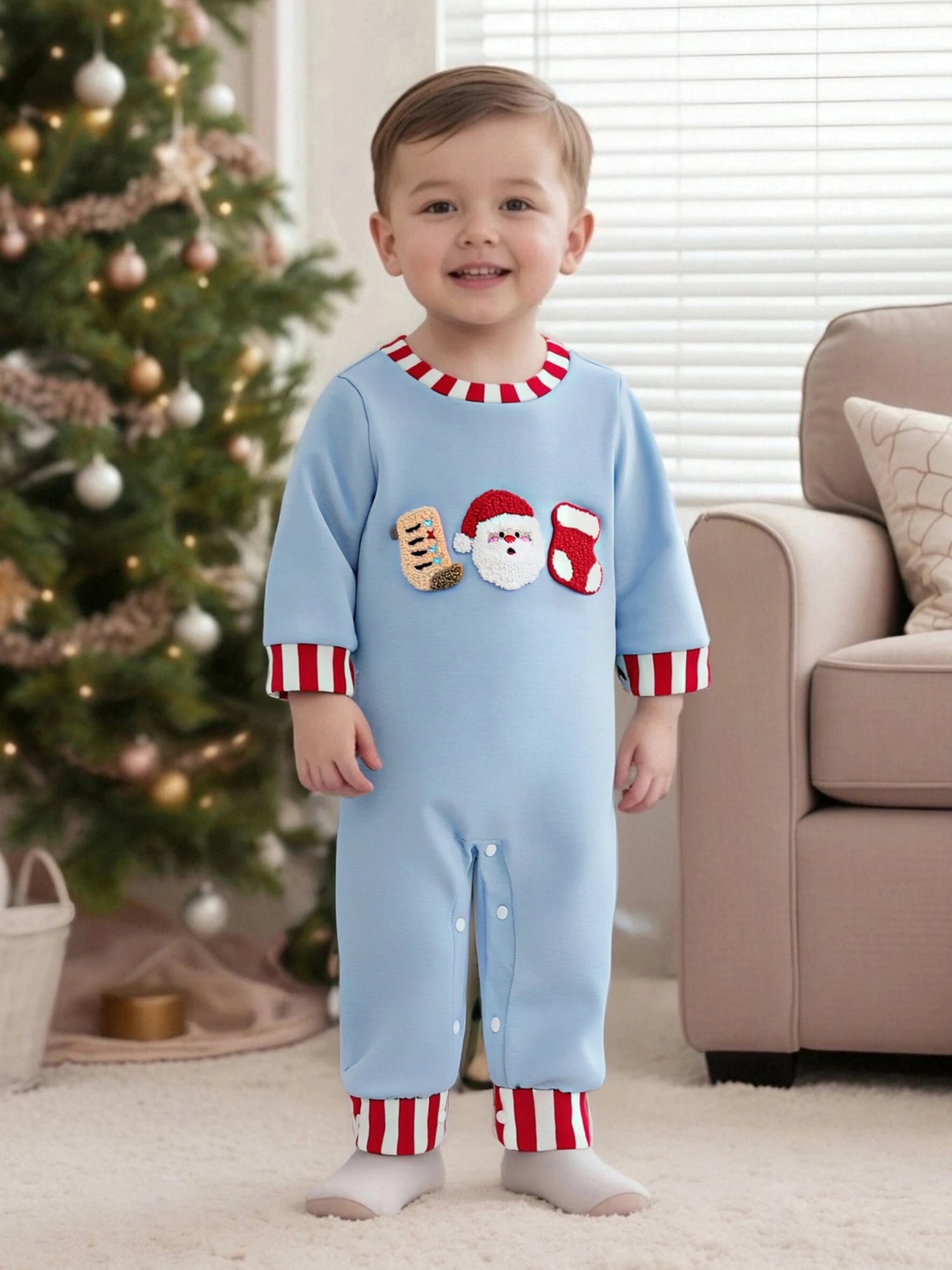 Lioraitiin Newborn Baby Boys Christmas Romper Santa Embroidery Striped Crew Neck Long Sleeve Full Length Jumpsuit