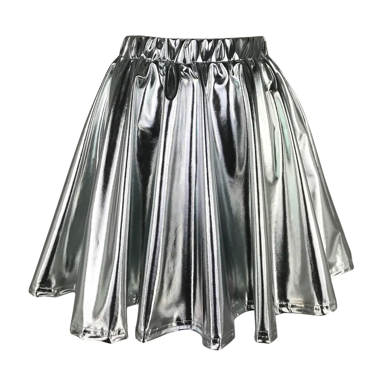Women Sparkly Shiny Metallic Skater Skirt Carnival Party Rave Outfit A Line Pleated Skirts Elastic High Waist Nightclub Faldas