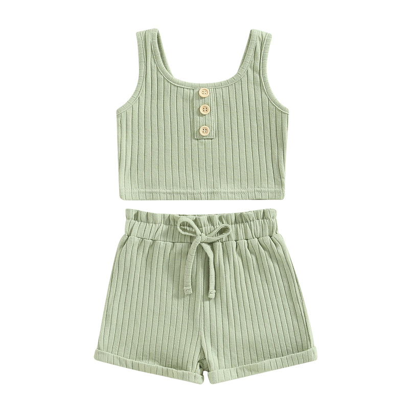 2023-02-14 Lioraitiin 0-4Years Toddler Girls 2Pcs Summer Outfit Sets Solid Button Vest Ribbed Drawstring Shorts