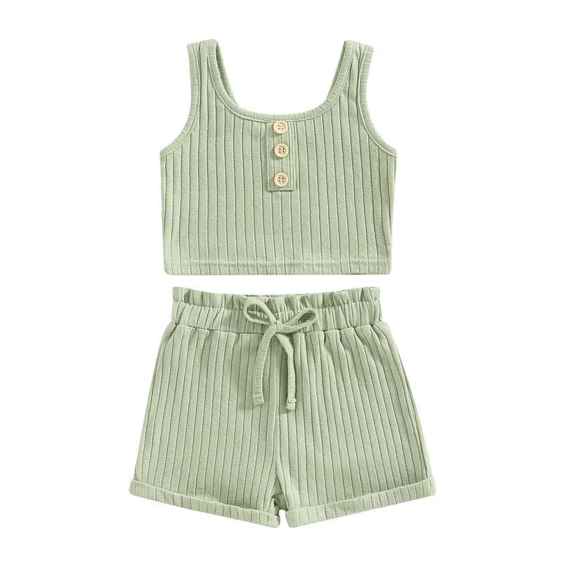 2023-02-14 Lioraitiin 0-4Years Toddler Girls 2Pcs Summer Outfit Sets Solid Button Vest Ribbed Drawstring Shorts
