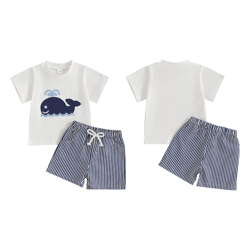 Lioraitiin Toddler Baby Boy Shorts Set Whale/Dinosaur/Turtle Short Sleeve T-shirts Striped Elastic Waist Shorts Summer Outfit