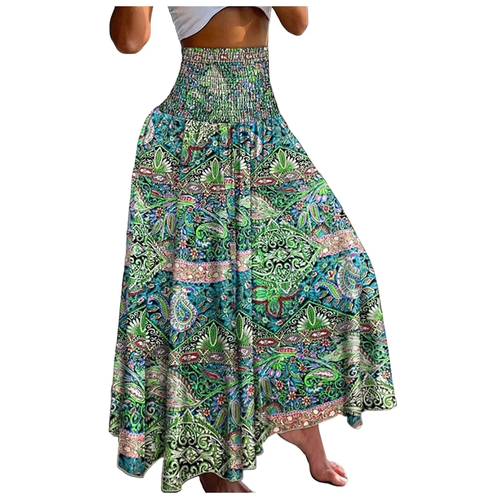 Women Vintage Floral Print Boho Skirt 2024 Summer Casual Loose Pleated Long Skirt Elegant Female High Elastic Waist Maxi Skirts