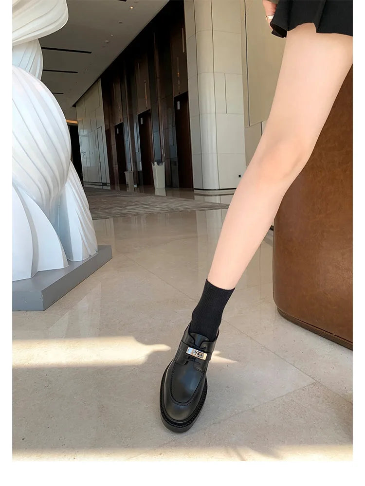Office Career Women Pumps PU Spring New British Retro Metal Buckle Thick Bottom JK Flat Bottom Small Leather ShoesWoman Shoe