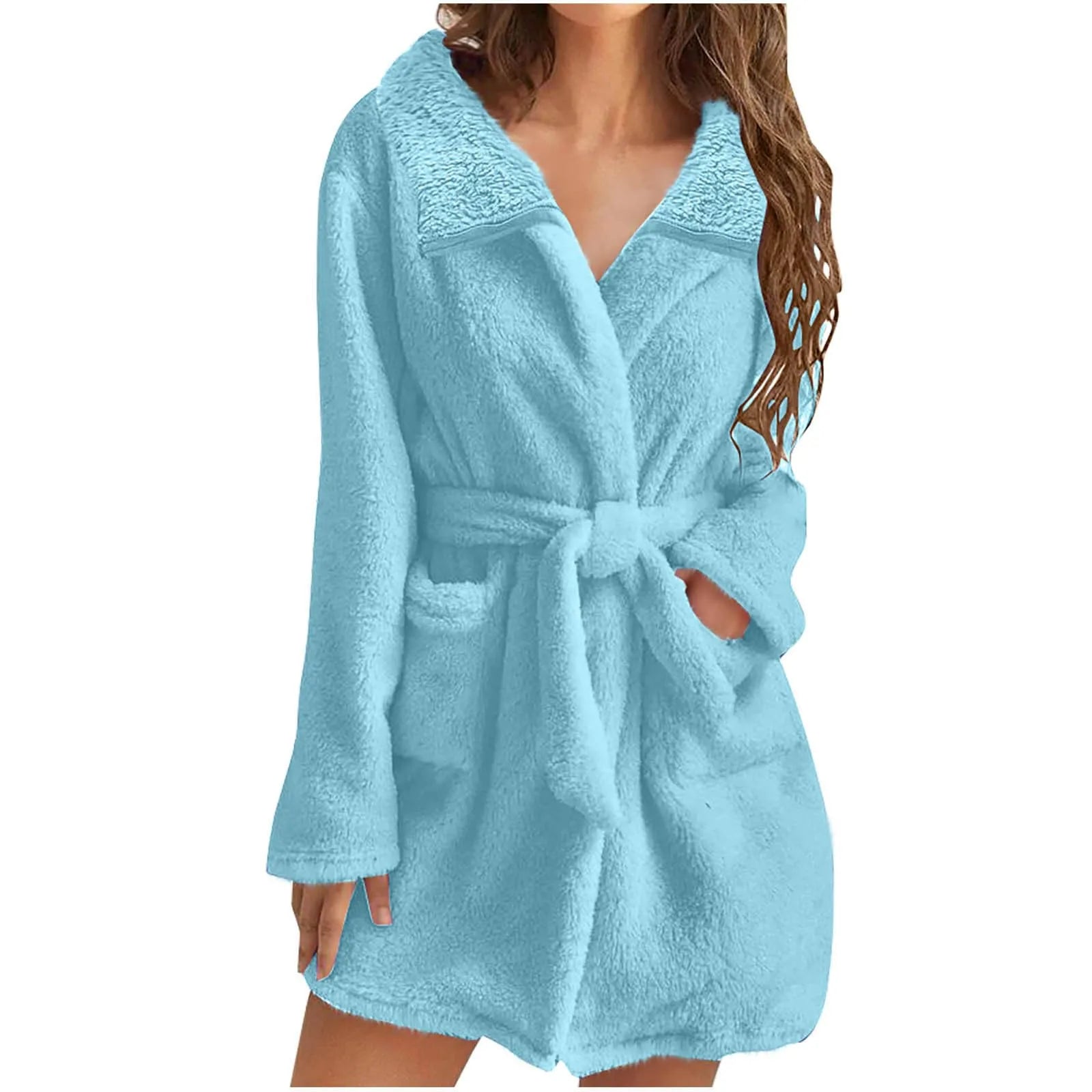 Women Warm Plush Hooded Bathrobe Wainter Plush Lapel Robe With Pockets Female Pajamas Robe Long Home Clothes Lingeries For Woman
