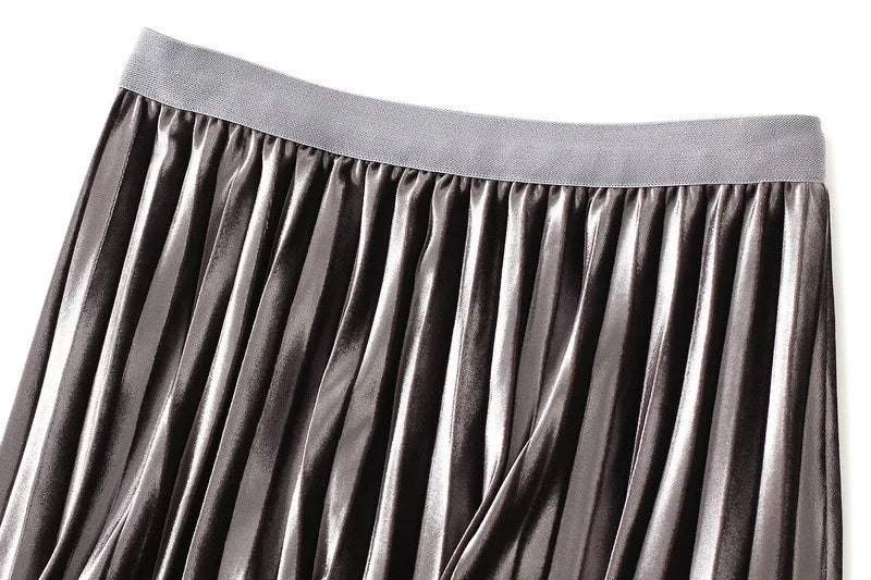 Luxury Velvet Pleated Skirts For Women 2024 Summer Fashion Women's High Waist Mesh Midi Skirt Female Elegant  Solid A-Line Skirt